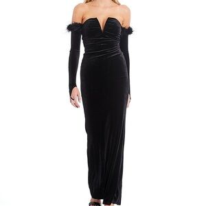 Honey and Rosie Strapless V-Neck Gloved Feather Trim Long Dress